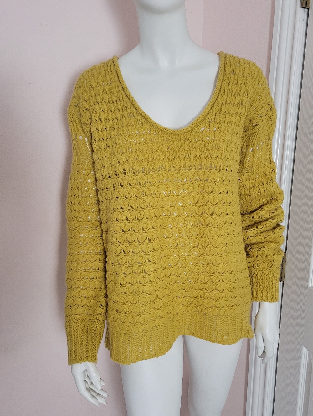 Free People Mustard Yellow Open Knit Oversized Sweater - Size XS (Fits Oversized